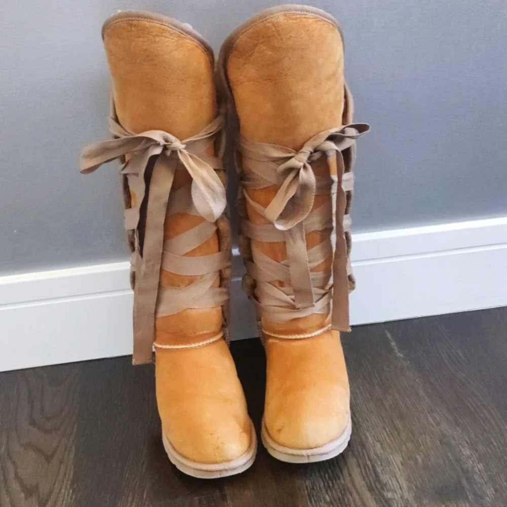 Y2K Boho Festival Love From Australia Tan Nomad Ugg Lace Up Boots 7.5